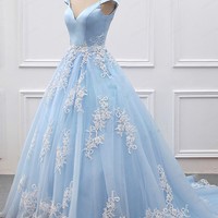 Gorgeous Light Blue Off The Shoulder Ball Gown Prom Dress,Wedding Dress,Formal Gown With Lace Appliques,1020 - Thumbnail 1