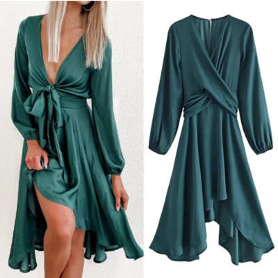  long sleeve v neck ruched midi vintage - Thumbnail 2