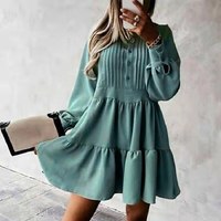 Autumn O Neck Button Draped Party Dress - Thumbnail 2