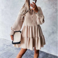 Autumn O Neck Button Draped Party Dress - Thumbnail 3