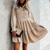 Autumn O Neck Button Draped Party Dress - Thumbnail 5