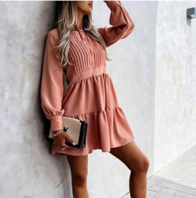 Autumn O Neck Button Draped Party Dress