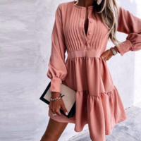 Autumn O Neck Button Draped Party Dress - Thumbnail 1