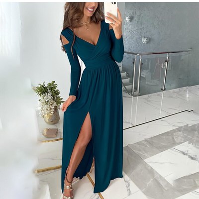  casual v-neck long sleeve hem slit elegant - Thumbnail 3