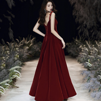 Red velvet long prom dress Simple evening gown - Thumbnail 4