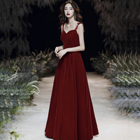 Red velvet long prom dress Simple evening gown - Thumbnail 3