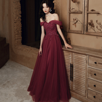 Burgundy lace beads long prom dress evening dress - Thumbnail 1