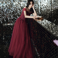 Burgundy lace beads long prom dress evening dress - Thumbnail 3