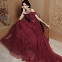 Burgundy lace beads long prom dress evening dress - Thumbnail 4