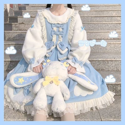 Winter thick velvet plush cloud princess pastel pink blue long sleeve dress