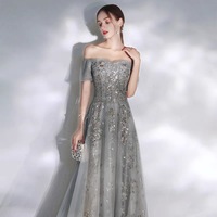 Gray tulle sequins long prom dress A line evening dress - Thumbnail 1