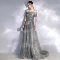 Gray tulle sequins long prom dress A line evening dress - Thumbnail 2