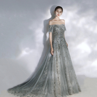 Gray tulle sequins long prom dress A line evening dress - Thumbnail 4