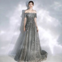 Gray tulle sequins long prom dress A line evening dress - Thumbnail 6
