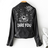 Women Graffiti Print Pu Faux Leather Jacket - Thumbnail 1