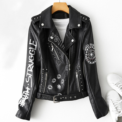 Women graffiti print pu faux leather jacket