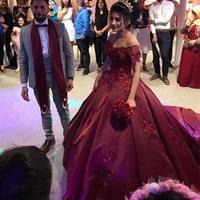 Off the Shoulder Burgundy Stain Prom Dresses with Lace Appliques - Thumbnail 1