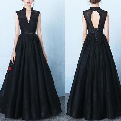 A line lace v neck backless ball gown prom dress - Thumbnail 3