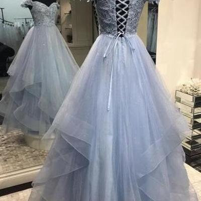 Off the shoulder long tulle prom dress with lace  - Thumbnail 2