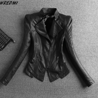 Casual women leather jacket mandarin collar