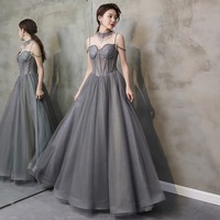 Gray tulle beads long prom gown A line evening gown - Thumbnail 1