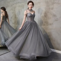 Gray tulle beads long prom gown A line evening gown - Thumbnail 2