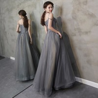Gray tulle beads long prom gown A line evening gown - Thumbnail 3