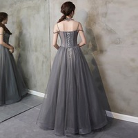 Gray tulle beads long prom gown A line evening gown - Thumbnail 4