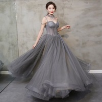 Gray tulle beads long prom gown A line evening gown - Thumbnail 5