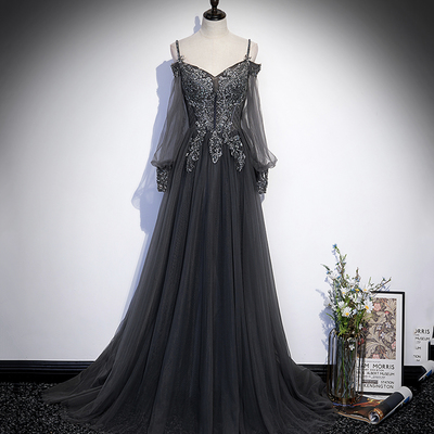 Gray tulle lace long prom dress a line evening dress
