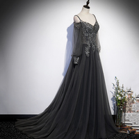 Gray tulle lace long prom dress A line evening dress - Thumbnail 1