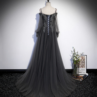 Gray tulle lace long prom dress A line evening dress - Thumbnail 2