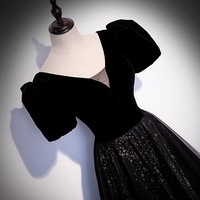 Black velvet tulle long prom dress A line evening gown - Thumbnail 1