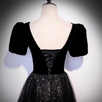 Black velvet tulle long prom dress A line evening gown - Thumbnail 3