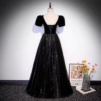 Black velvet tulle long prom dress A line evening gown - Thumbnail 4