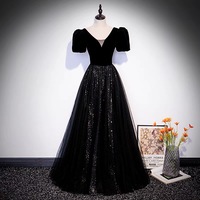 Black velvet tulle long prom dress A line evening gown - Thumbnail 6