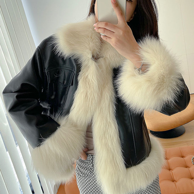  fashion pu patchwork fox fur jacket
