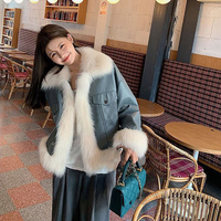  Fashion PU Patchwork Fox Fur Jacket - Thumbnail 3