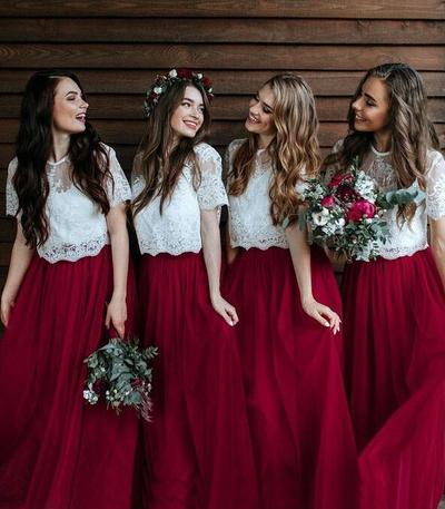 Two Piece A Line Short Sleeves Lace Bridesmaid Dresses