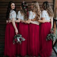 Two Piece A Line Short Sleeves Lace Bridesmaid Dresses - Thumbnail 1