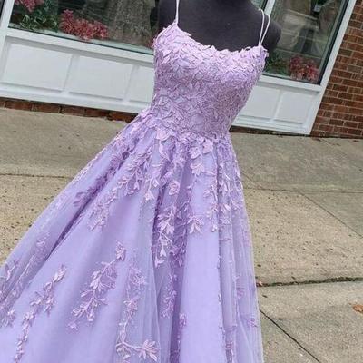 Llavender a line prom dress formal gown with lace appliqued - Thumbnail 3