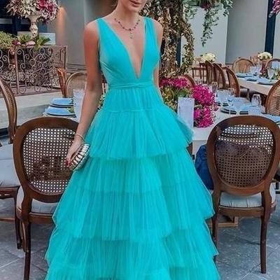 A line lake blue v neck cake evening dresses - Thumbnail 4