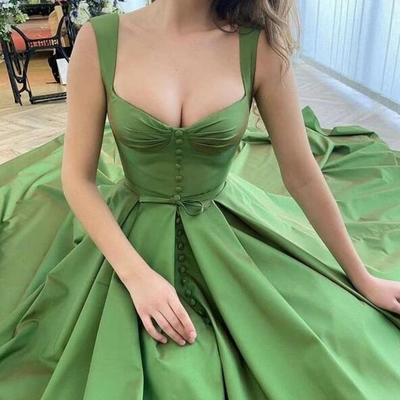Elegant green satin prom dresses with front slit  - Thumbnail 5