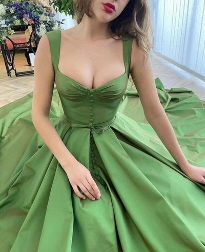 Elegant Green Satin Prom Dresses with Front Slit 
