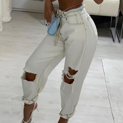 Solid Color White Ripped Jeans