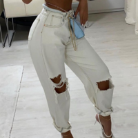 Solid Color White Ripped Jeans - Thumbnail 1