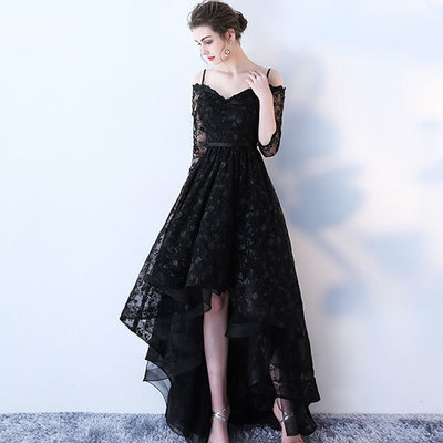 Black lace high low prom dress, long sleeve evening dress,646 - Thumbnail 2