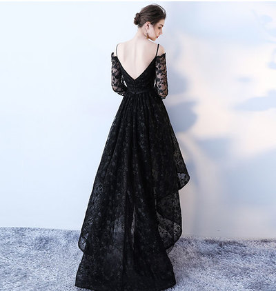 Black lace high low prom dress, long sleeve evening dress,646