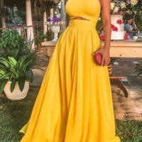 Fairy A-Line Halter Open Back Yellow Chiffon Long Prom Dresses,Evening Party Dresses,647 - Thumbnail 1