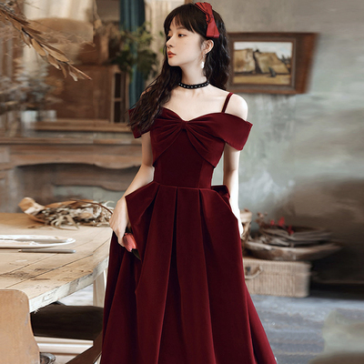 Cute a line velvet prom dress burgundy evening dress,648 - Thumbnail 4